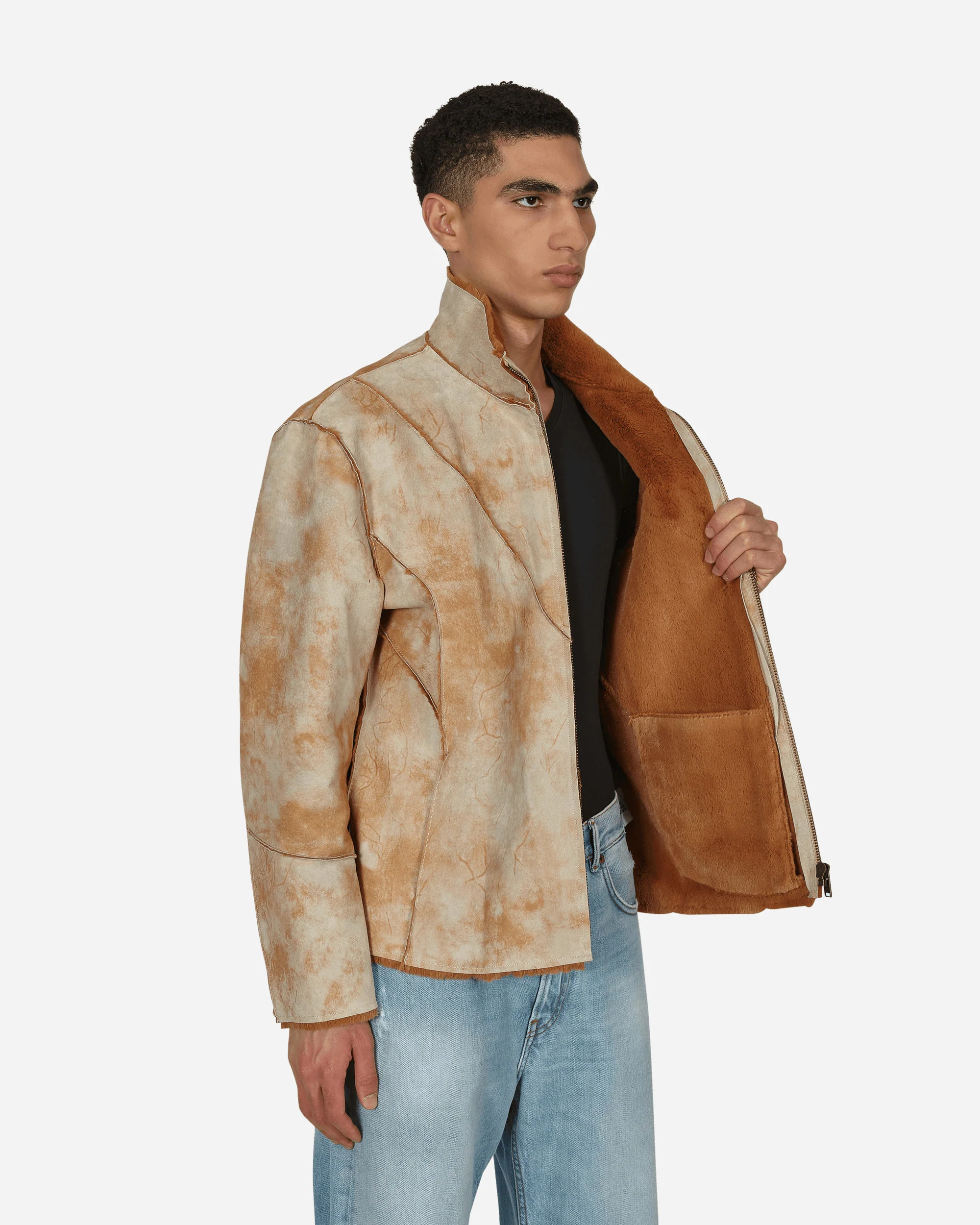 Leather Sherpa Jacket Beige - Image 4