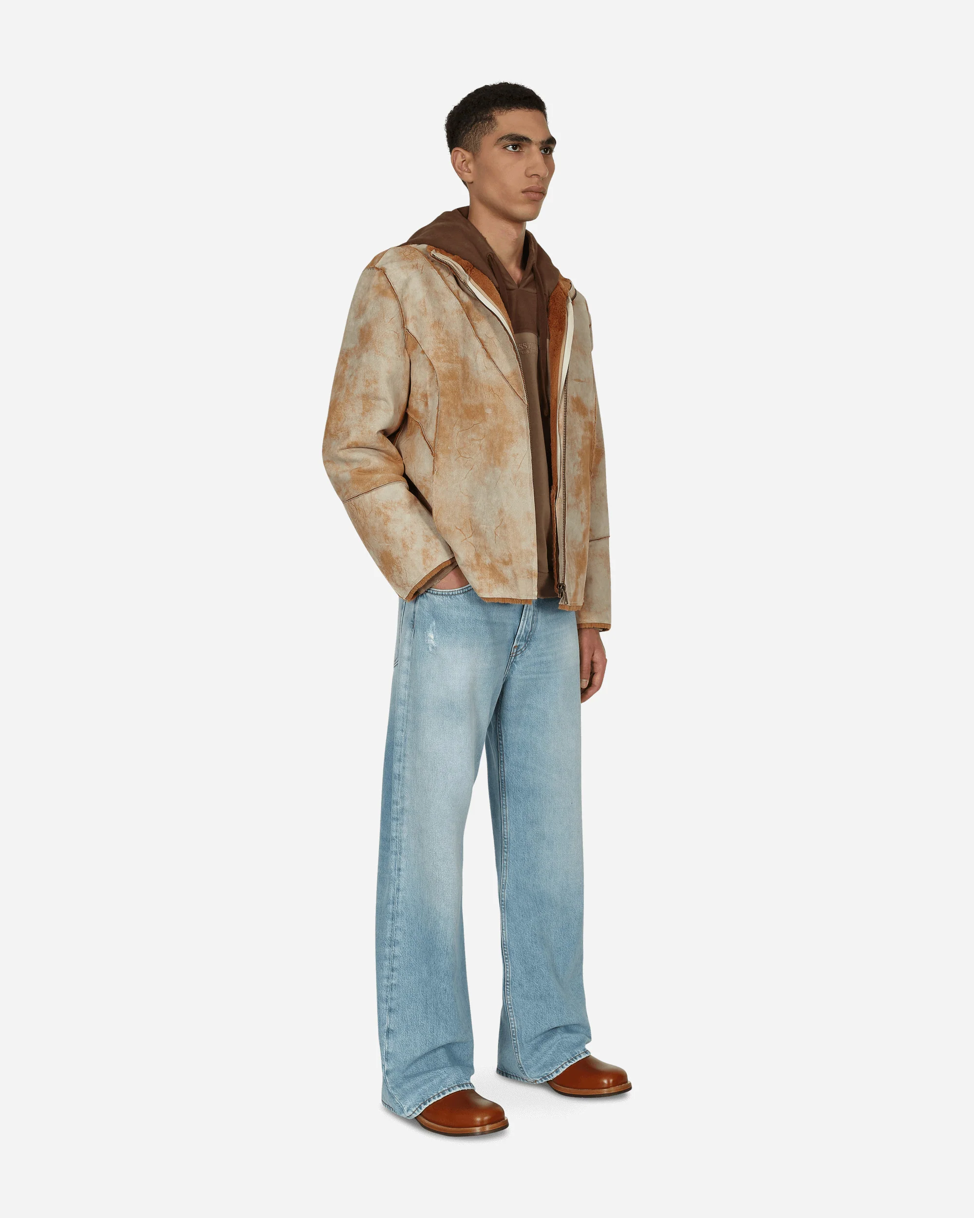 Leather Sherpa Jacket Beige - Image 5