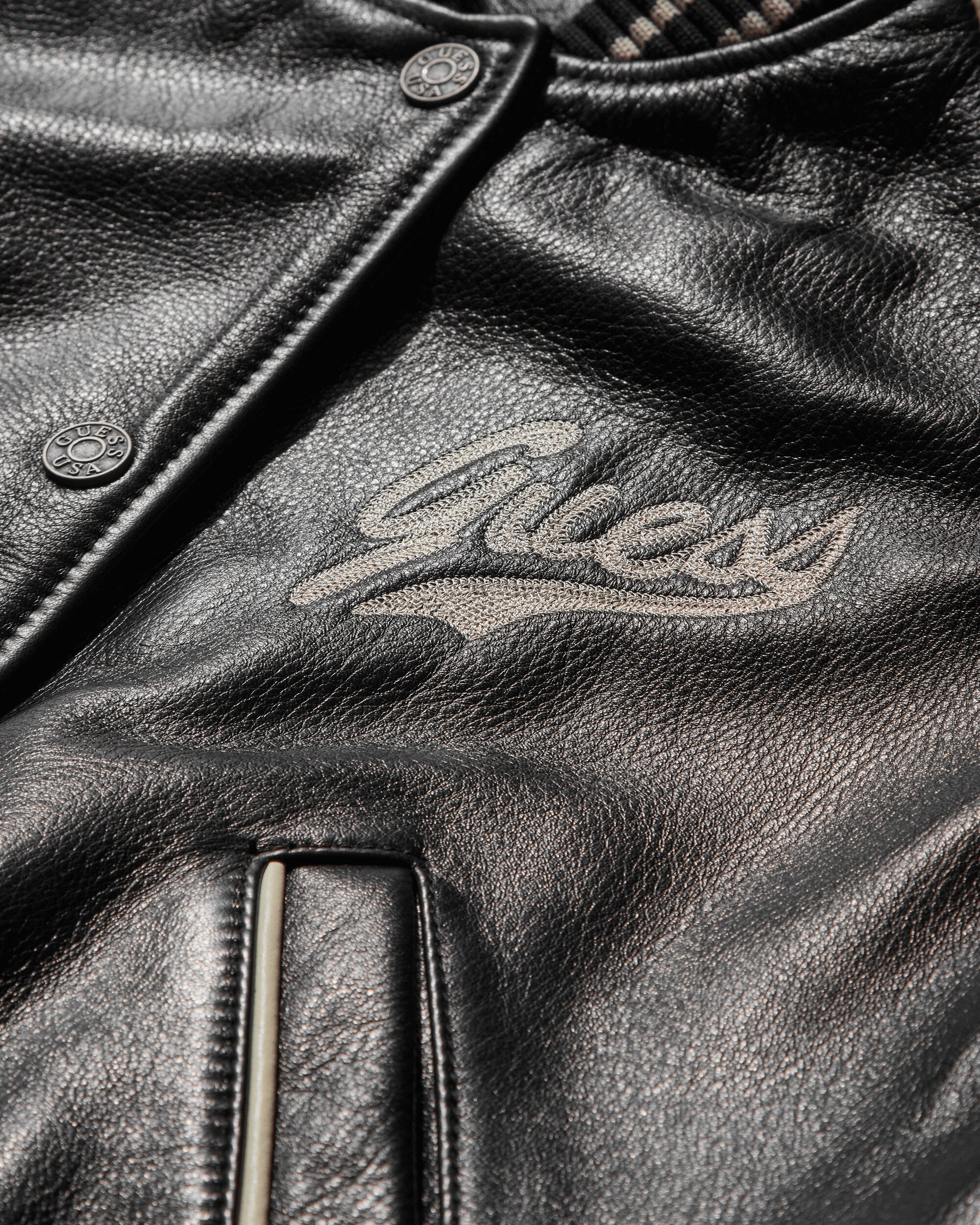 Women's Leather Varsity Jacket Jet Black - Image 3