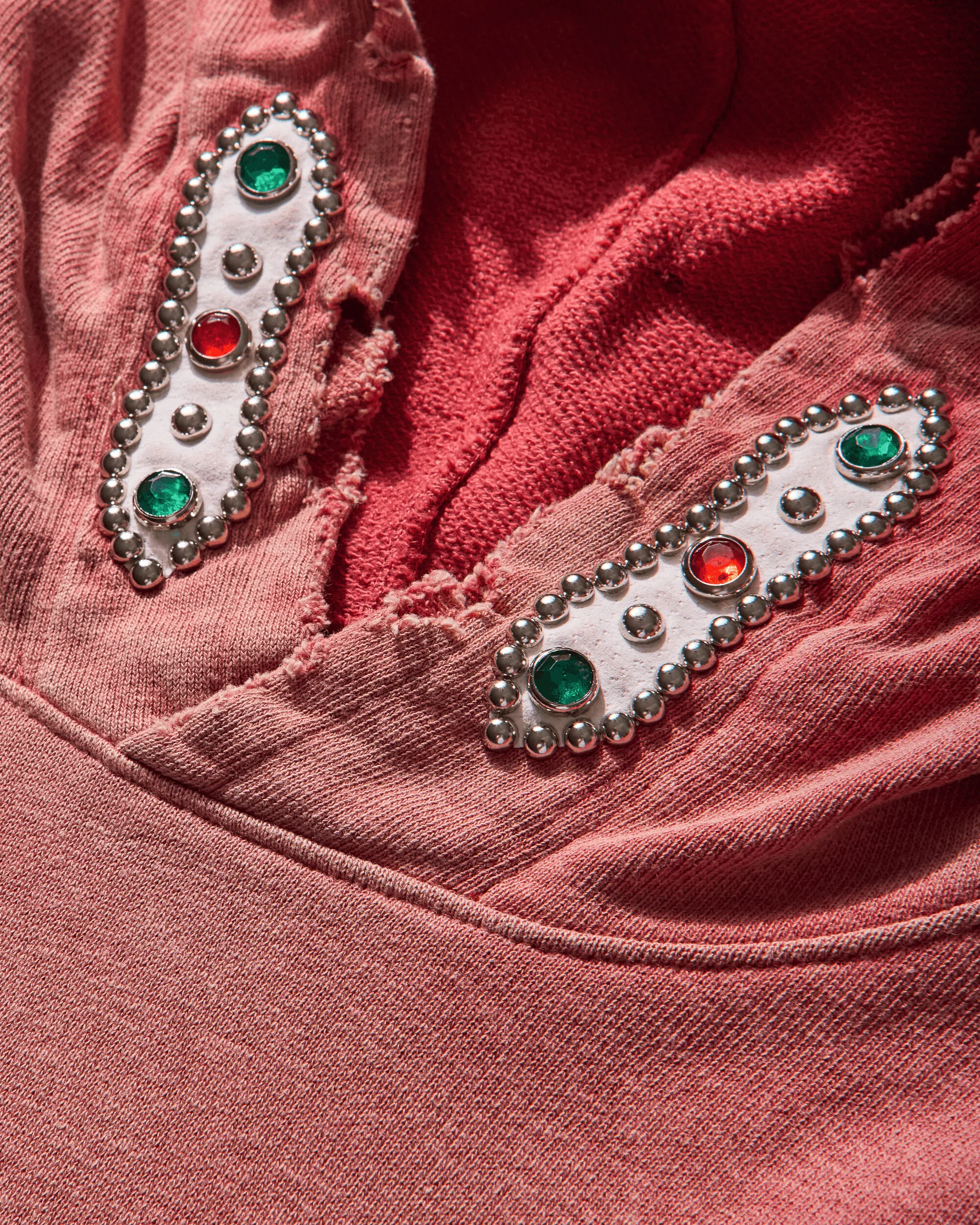 Men's Sweat Knit Thriller Damaged Hoodie (Studs) Red - Image 4