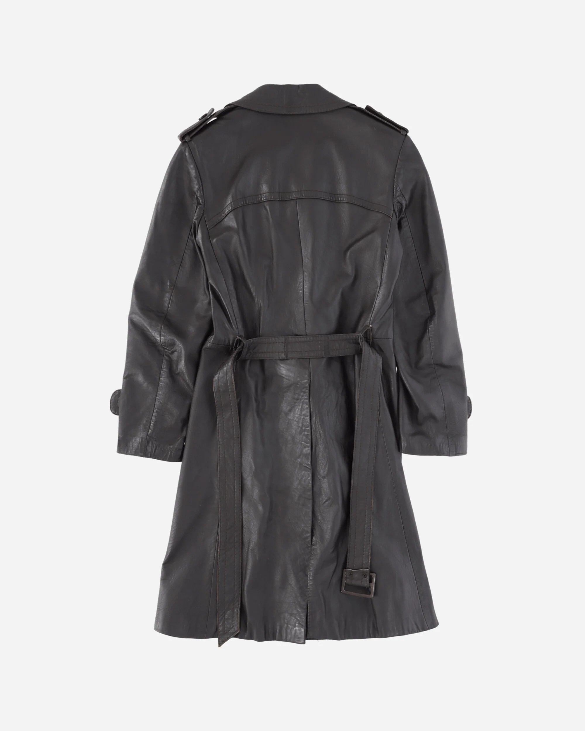 Men's Double Breasted Belted Leather Trench Dark Brown - Image 2