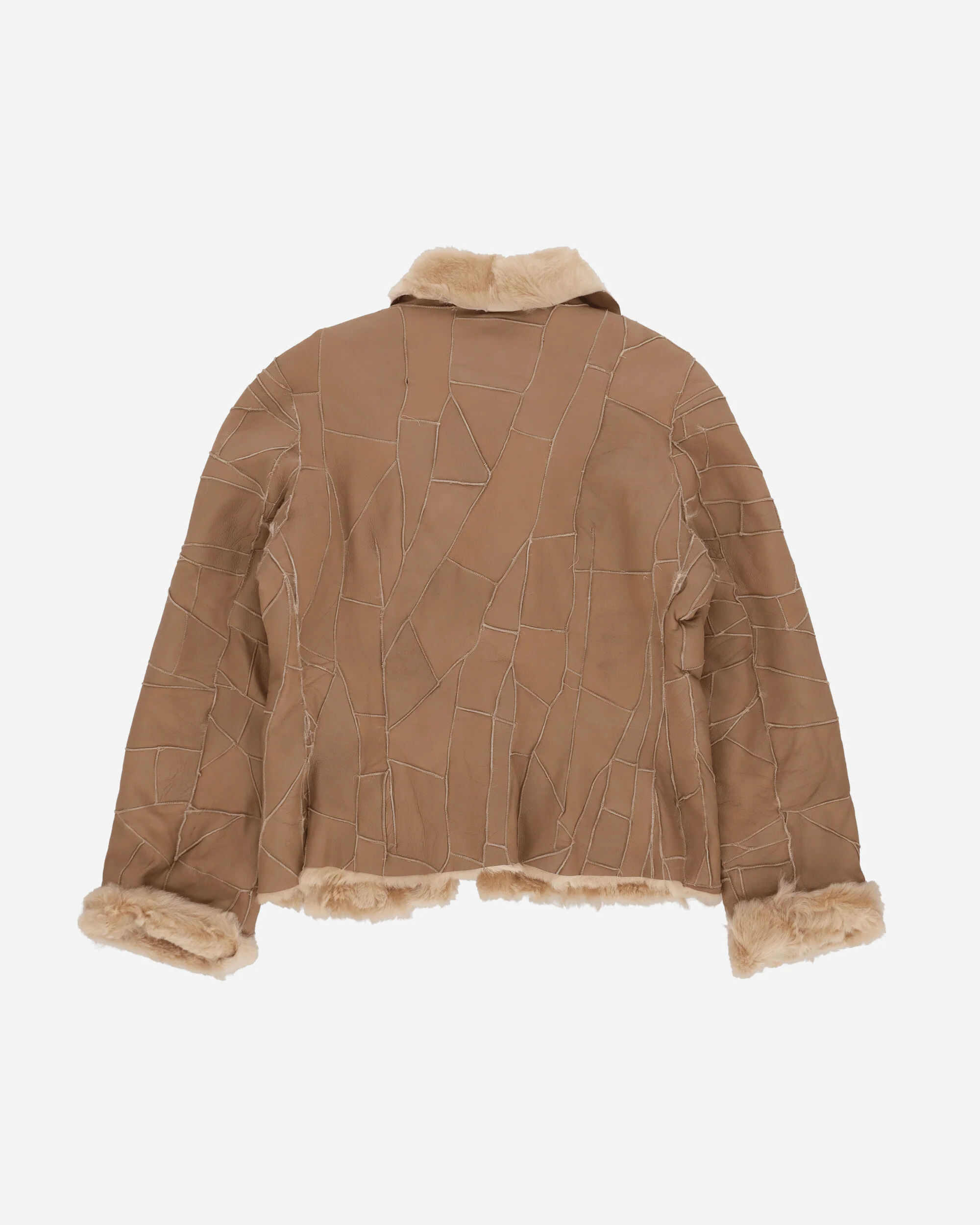 Women's Patchwork Shearling Leather Jacket Brown - Image 2