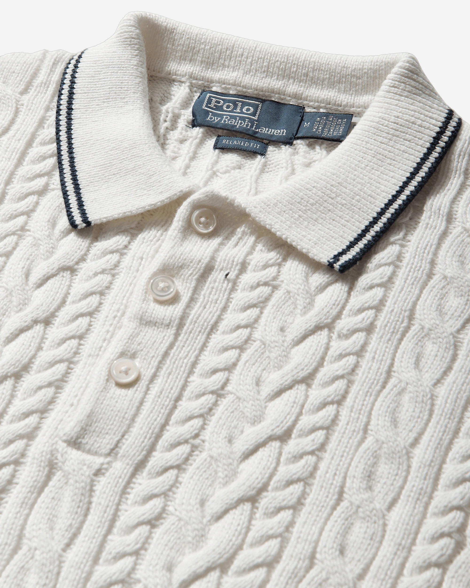 Men's Relaxed Fit Cable-Knit Polo Jumper Trophy Cream - Image 3