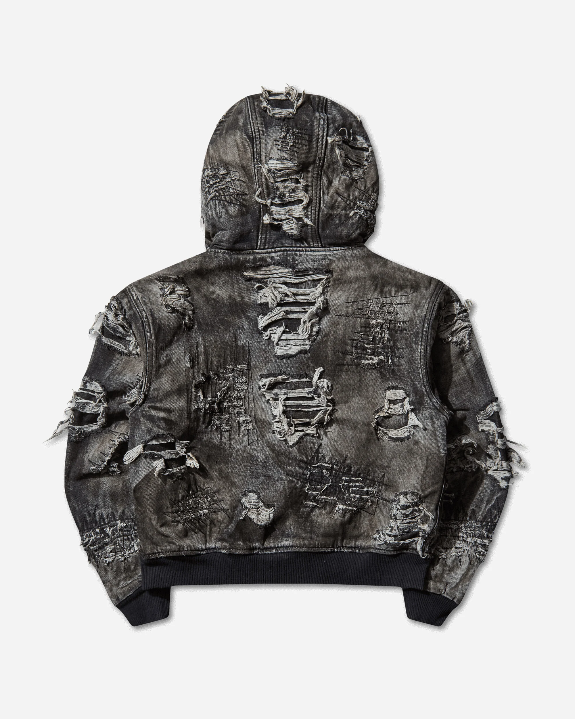 Men's Hard-Washed Damaged Denim Hooded Zip-Up Jacket Black - Image 2