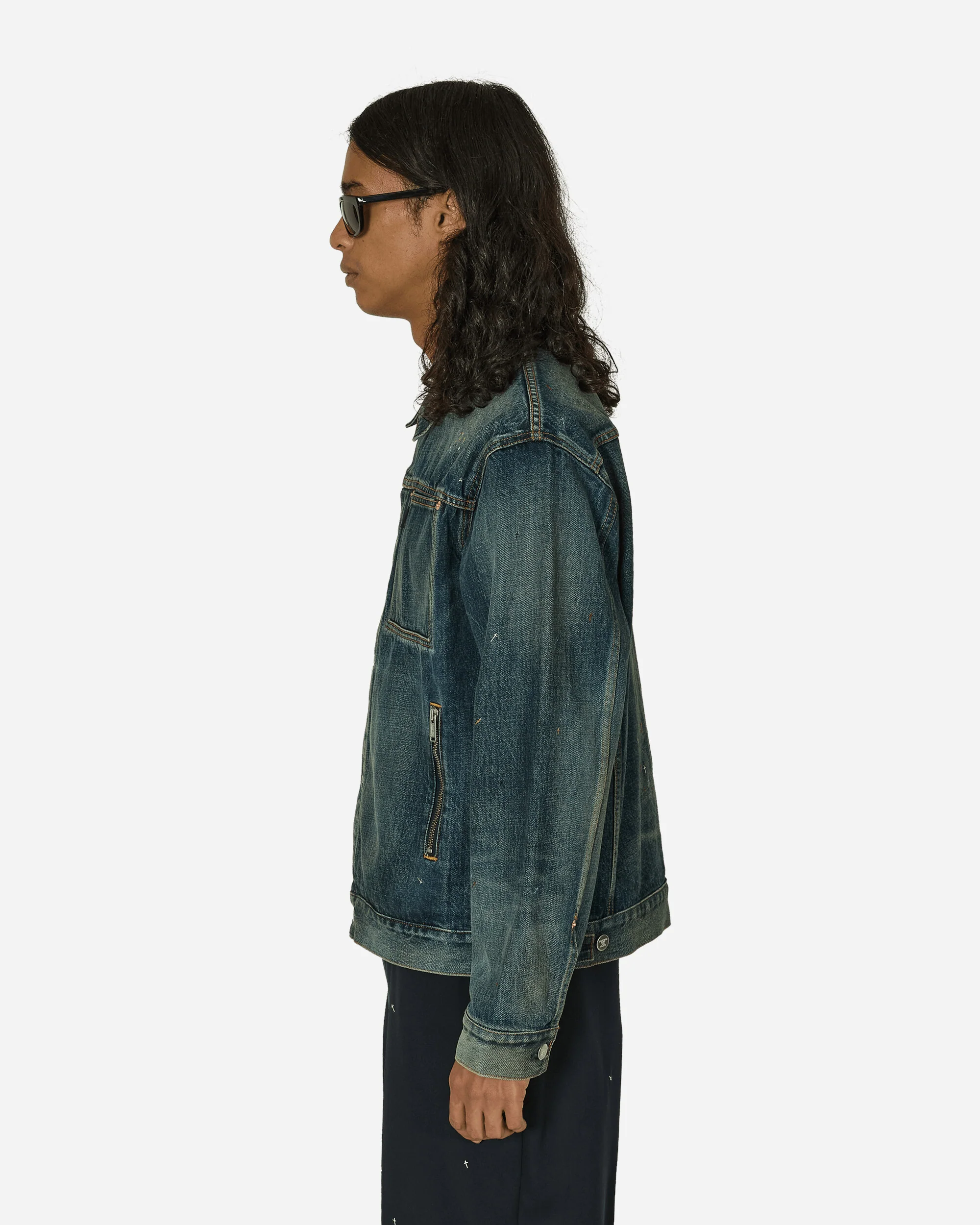 Cross Embroidery Distressed Denim Jacket Light Blue Indigo - Image 2