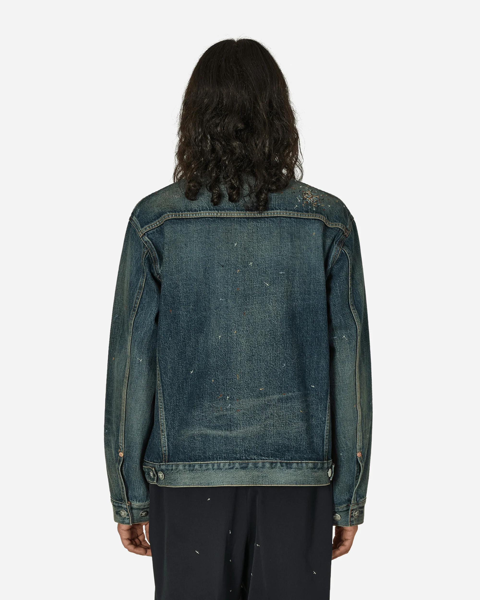 Cross Embroidery Distressed Denim Jacket Light Blue Indigo - Image 3