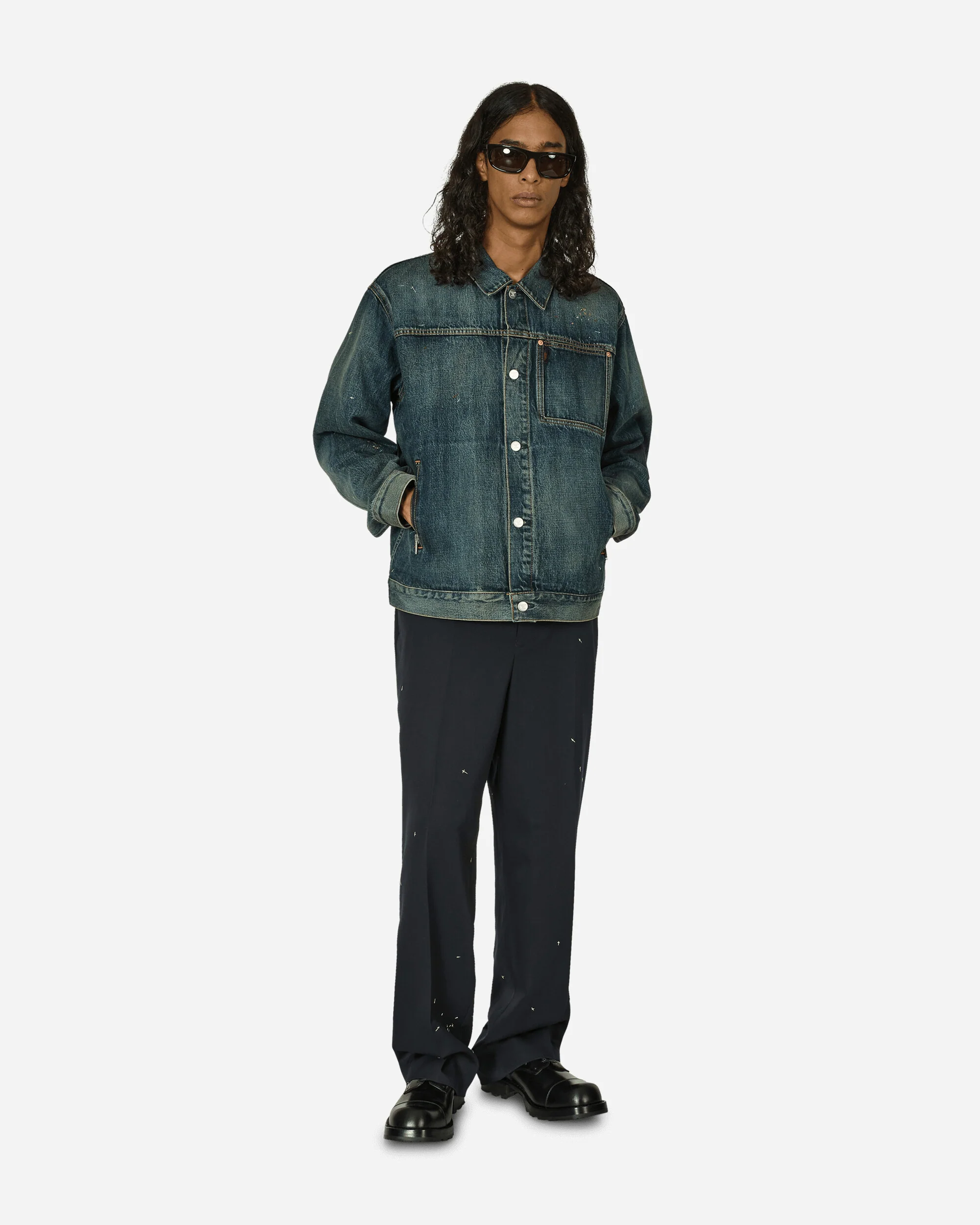 Cross Embroidery Distressed Denim Jacket Light Blue Indigo - Image 4