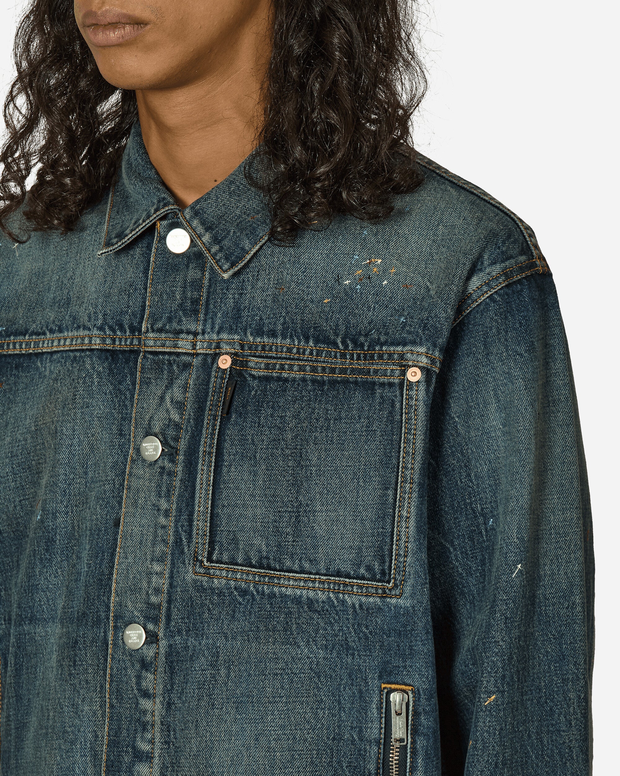 Cross Embroidery Distressed Denim Jacket Light Blue Indigo - Image 5