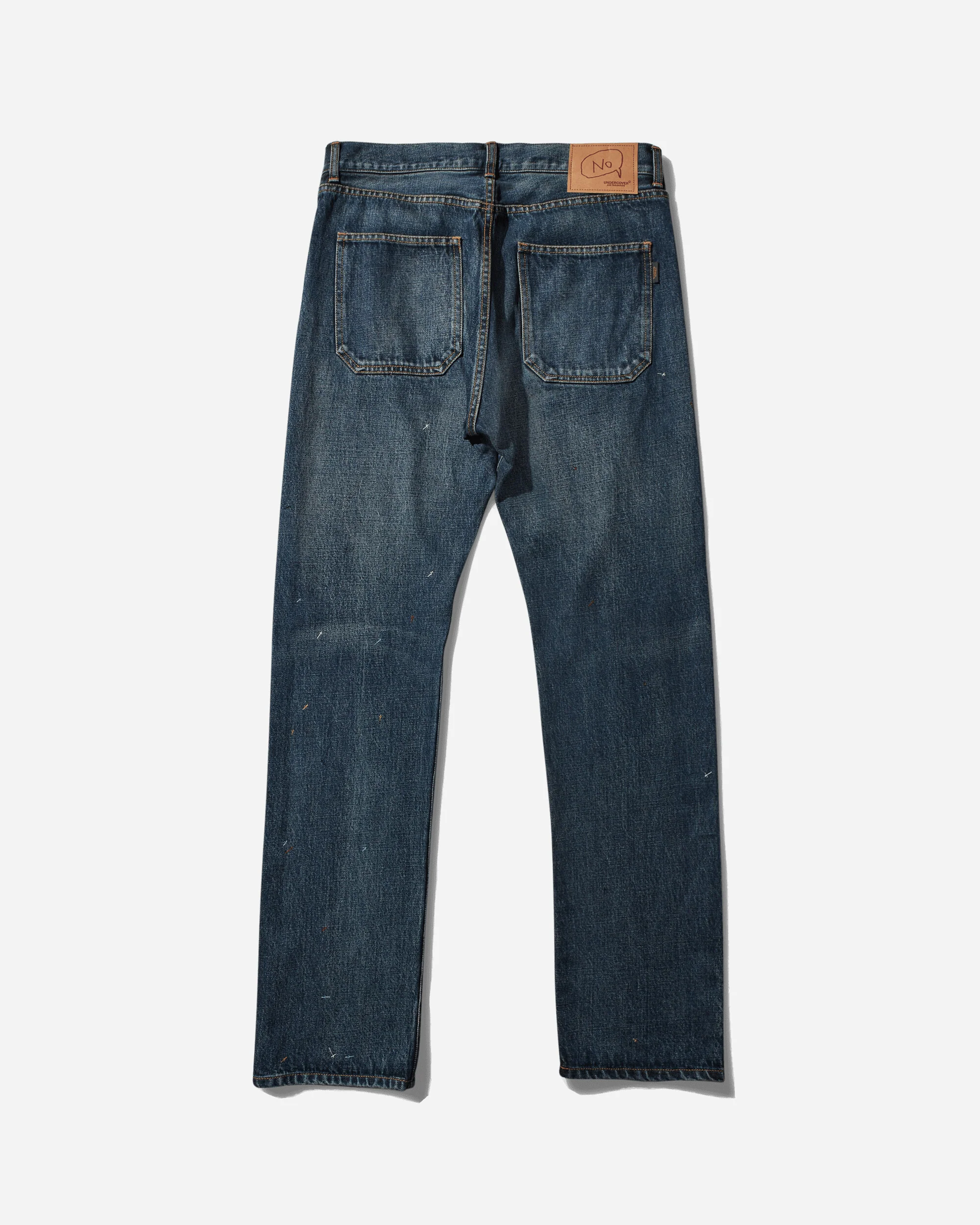 Men's Cross Embroidery Distressed Denim Pants Light Blue Indigo - Image 2