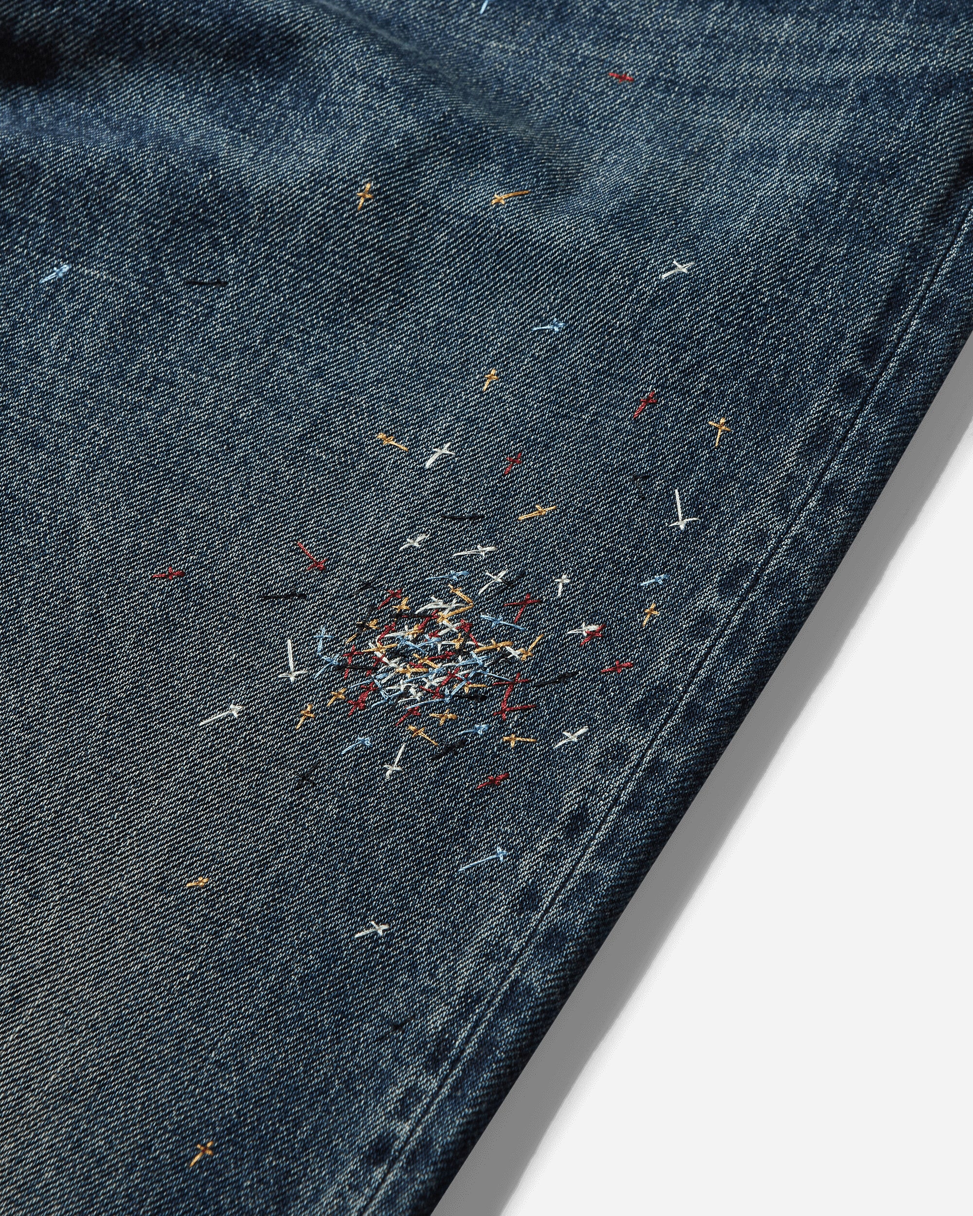 Men's Cross Embroidery Distressed Denim Pants Light Blue Indigo - Image 3